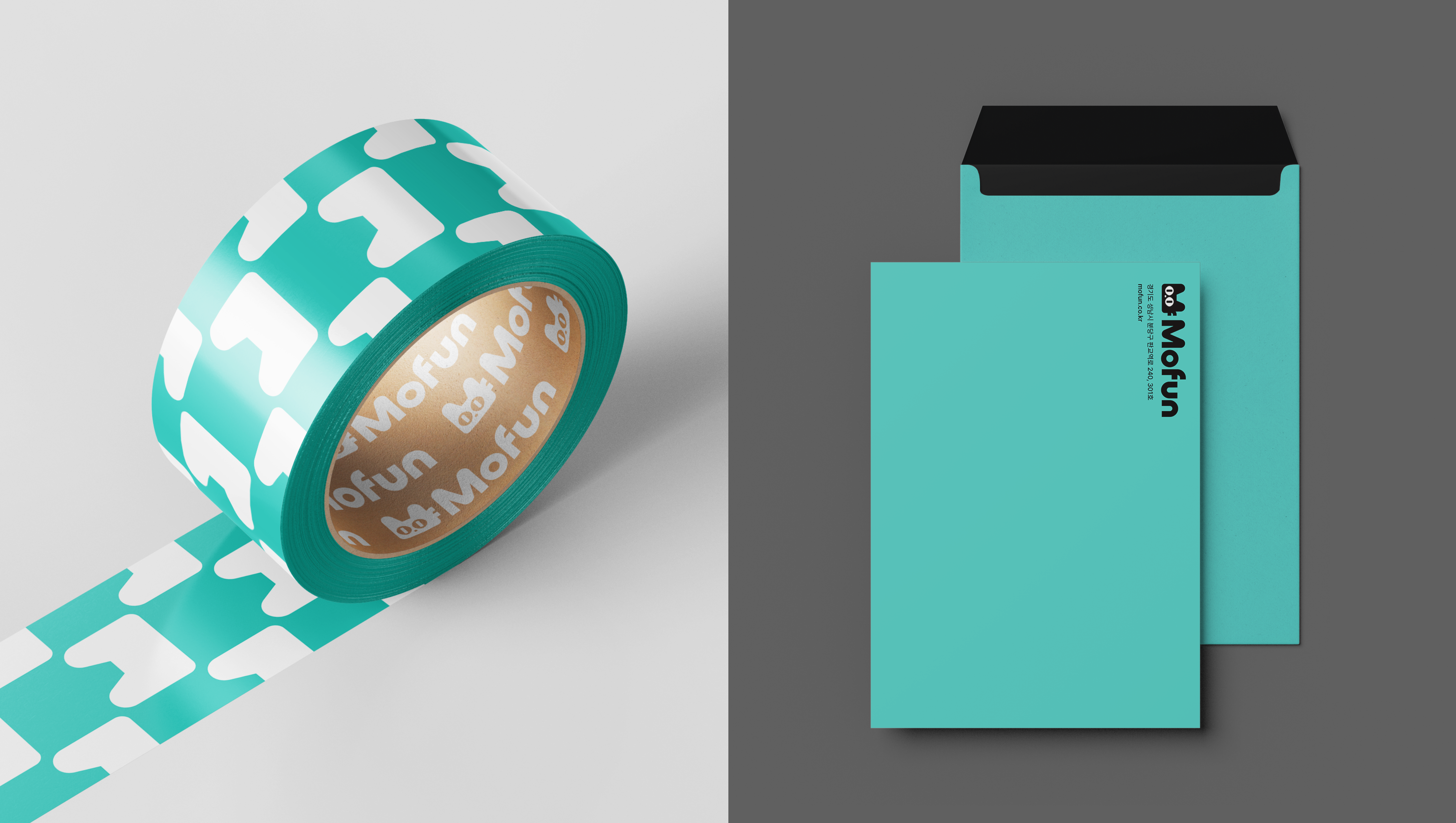 모펀 패턴이 적용된 민트색 테이프와 봉투 패키지 디자인