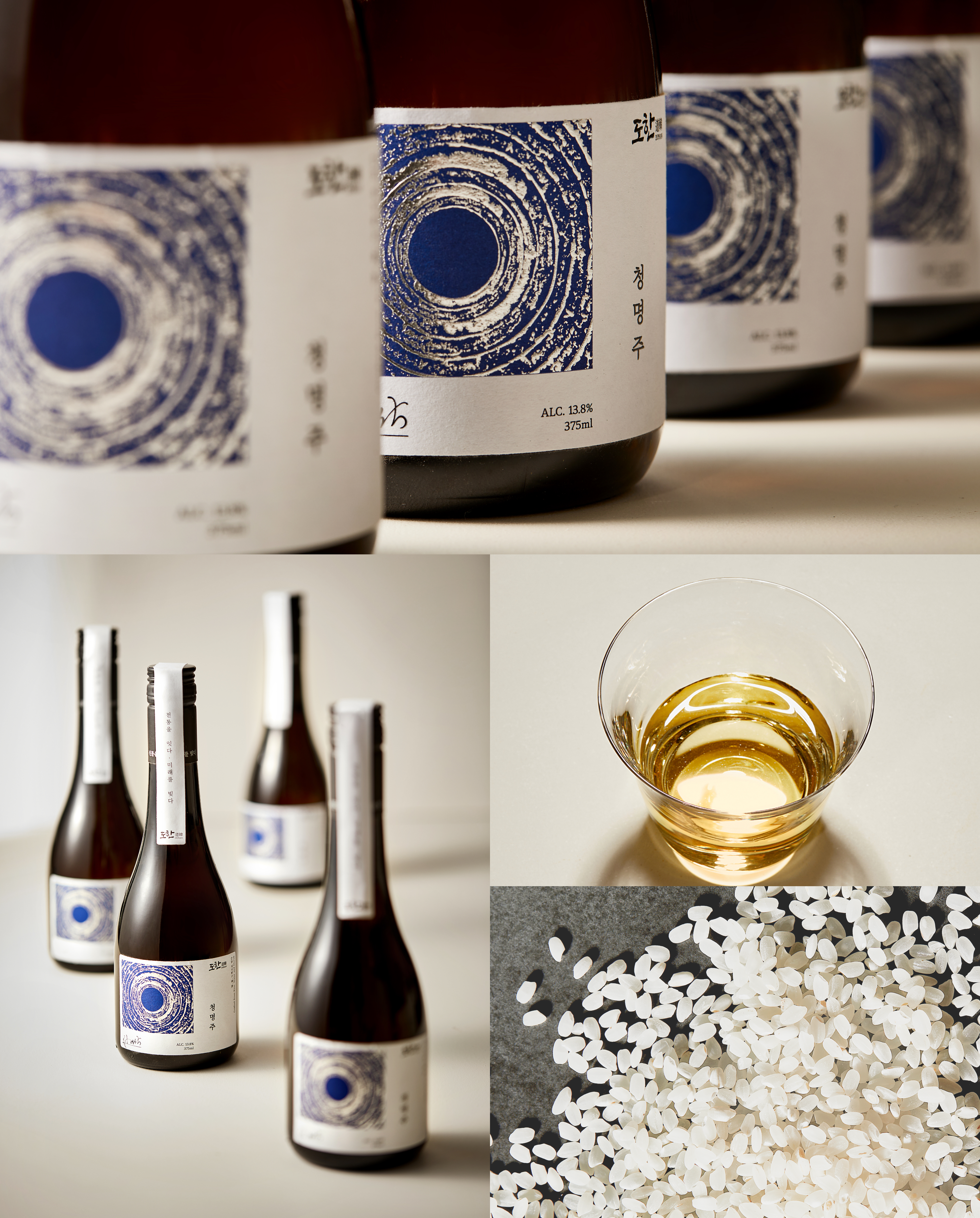 도한 청명주 병 여러 개가 스튜디오 배경에 배치된 제품 이미, 전통주 도한의 원재료인 쌀을 클로즈업한 이미지